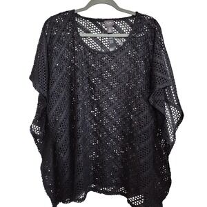 Chico's Travelers 3 Pullover‎ Black Overlay Open Knit Top SS Oversize NWOT